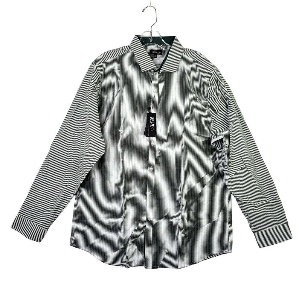 Galaxy Striped Button Up Shirt Long Sleeve Collared Hunter Green White‎ Size XL